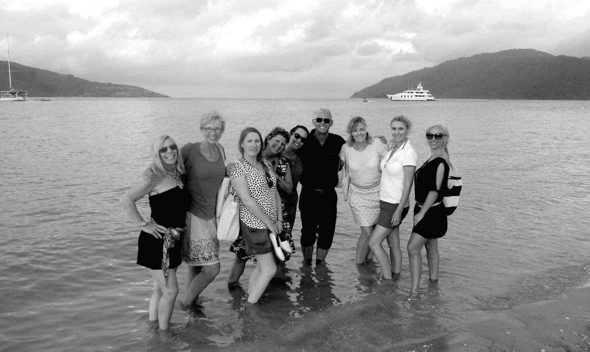 Our lovely group with Captain Michael Gooding, and SILENTWORLD at anchor