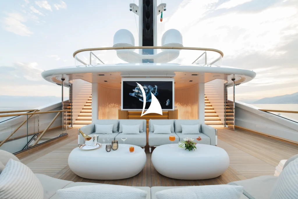 Bridge deck exterior lounge with dropdown TV