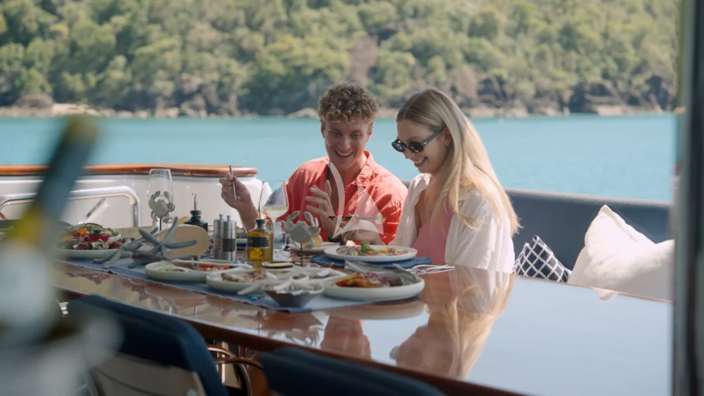 Long lunch while anchored in a calm bay.