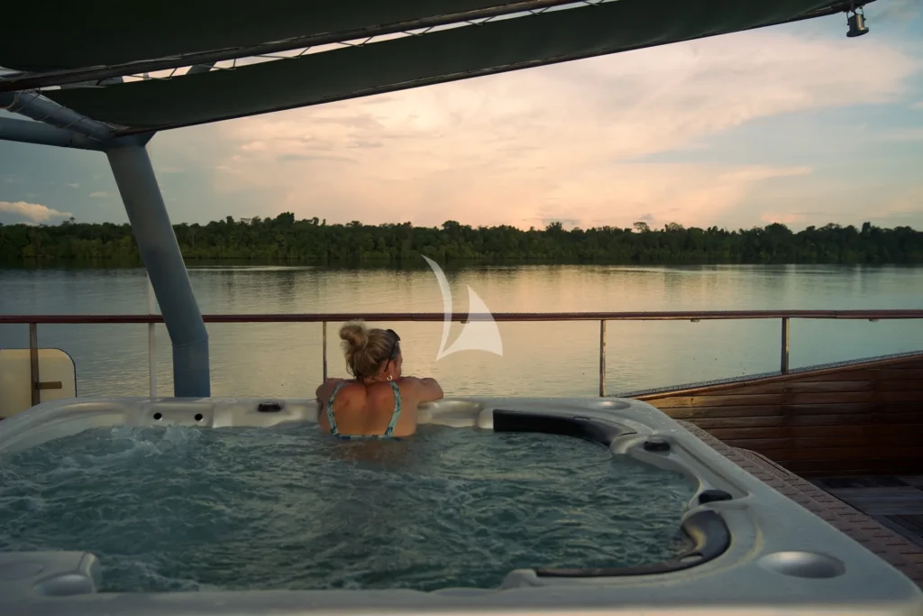 Savouring the view in the Jacuzzi on Monkey Island (sky deck)