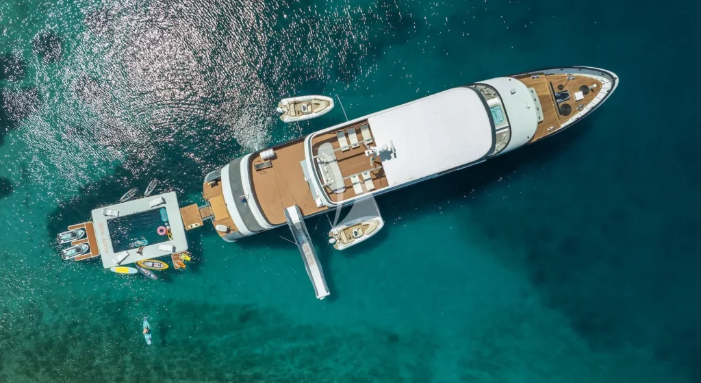 Aerial view at anchor with toys and pool